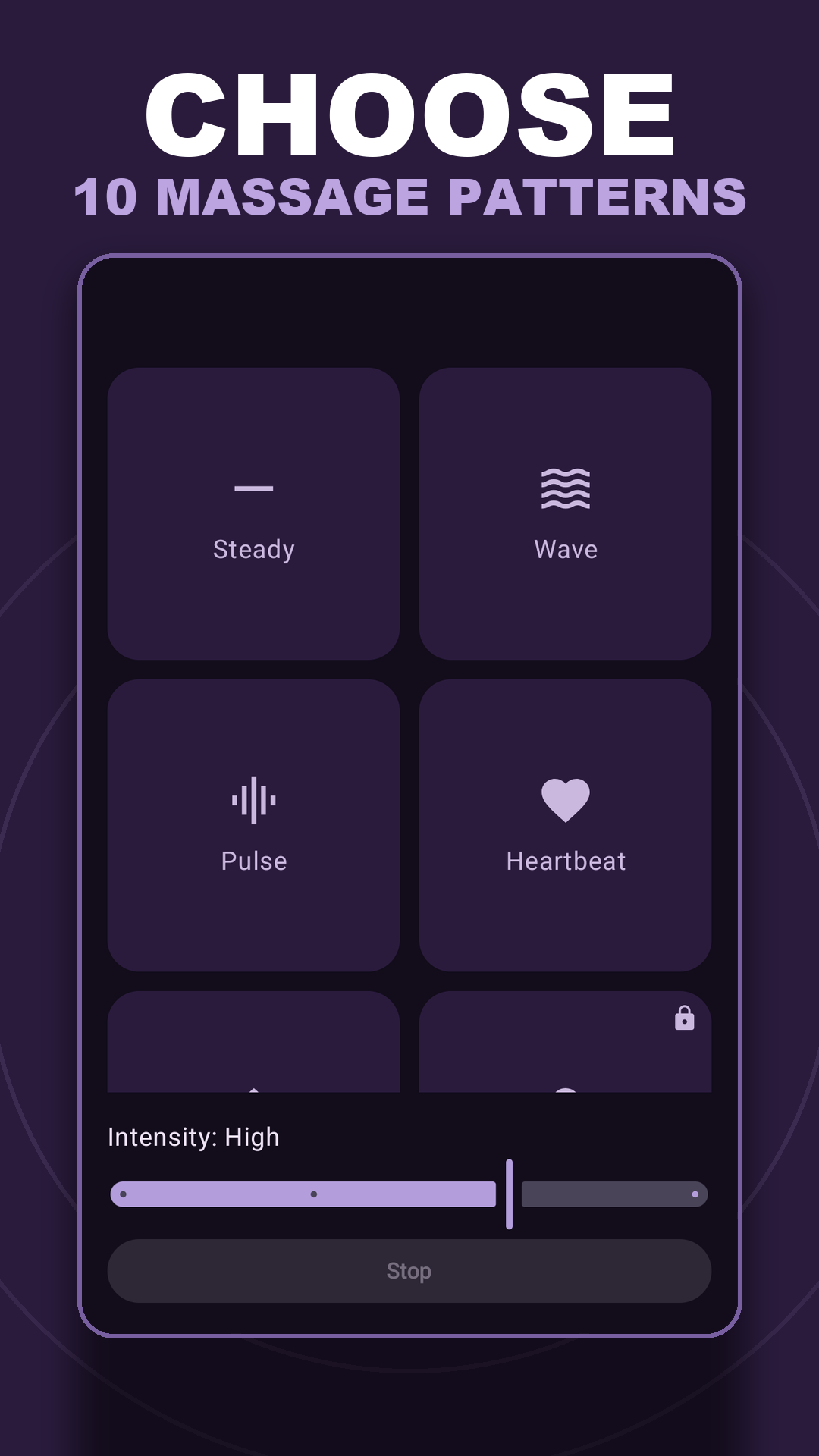 Vibrator Premium massage screen with a grid of 10 vibration patterns